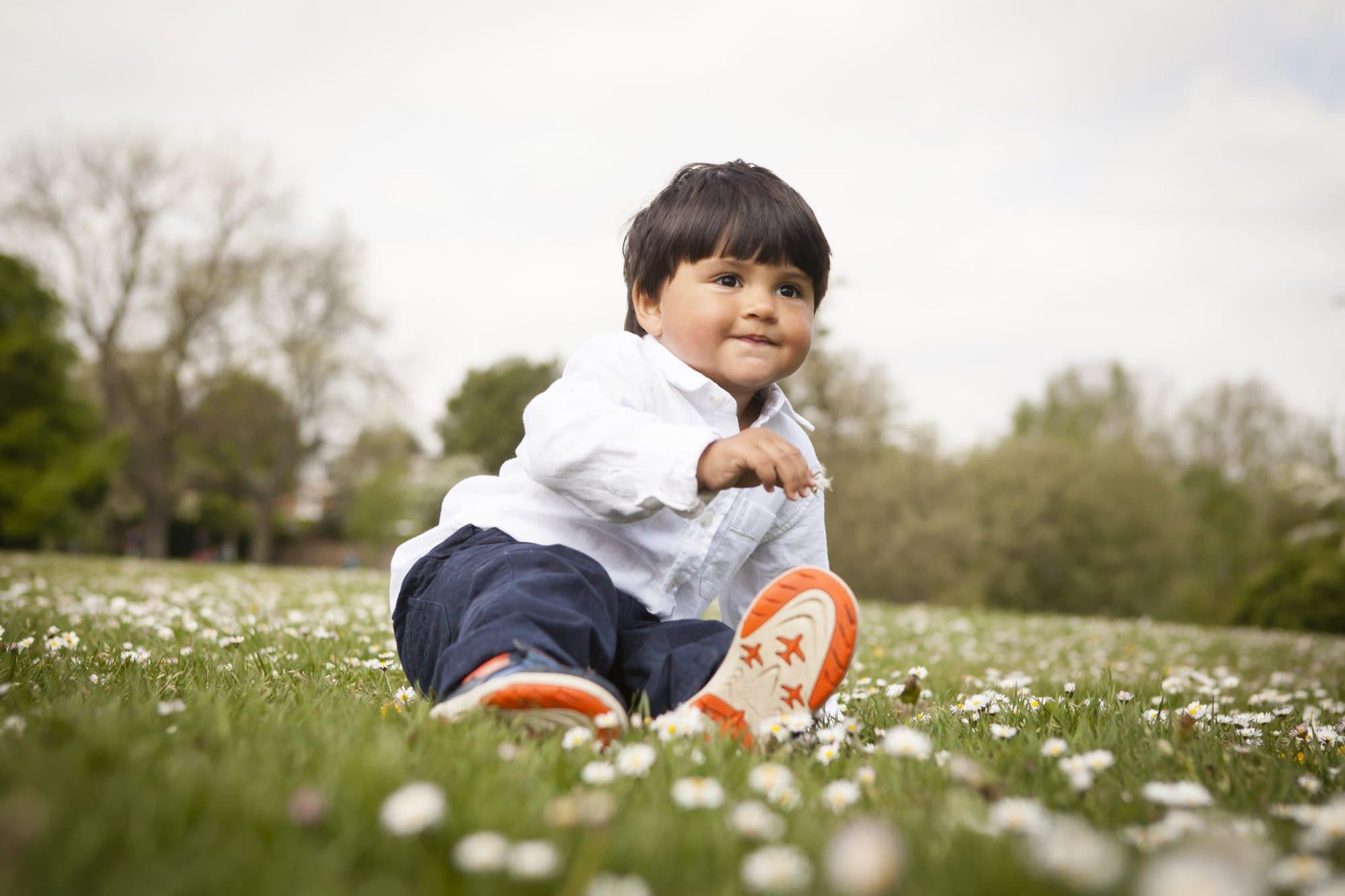 Toddler sat among the daisies on family photoshoot in London, Wandsworth Common