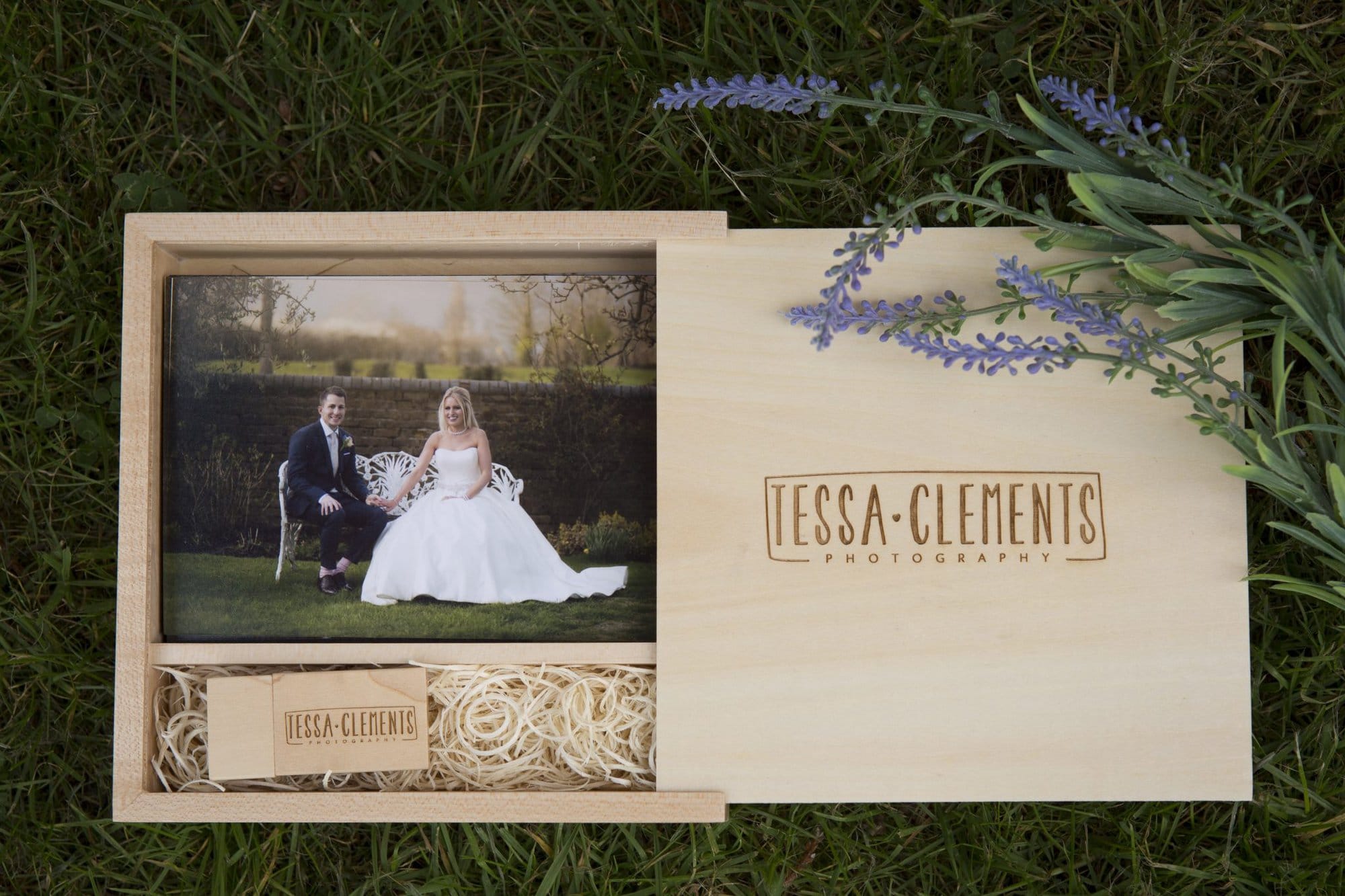 Wedding photography wooden print box with wooden USB showing wedding images in Beckenham