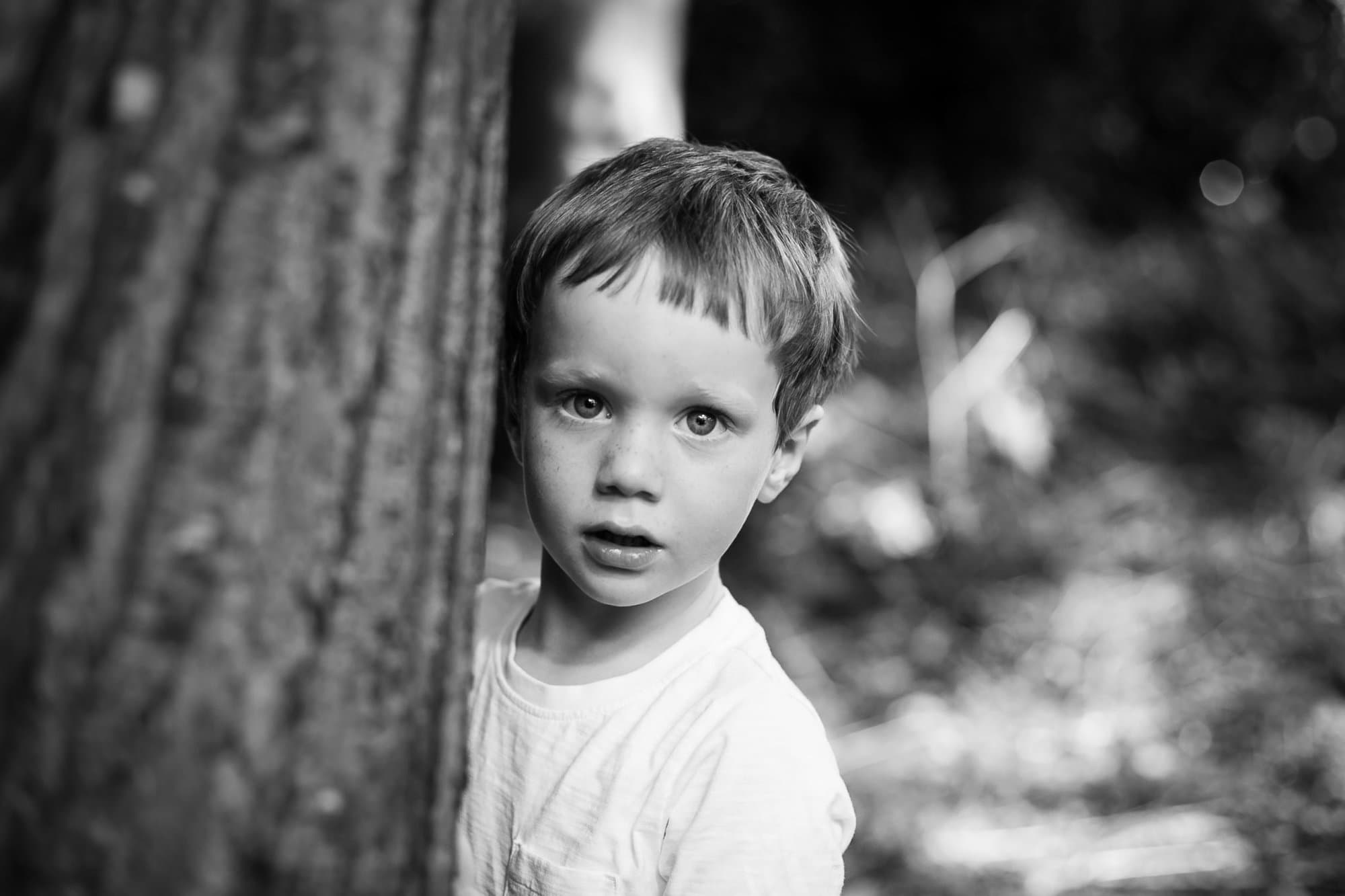 Young boy in black and white photo playing peek-a-boo behind a tree in Kelsey Park in Beckenham