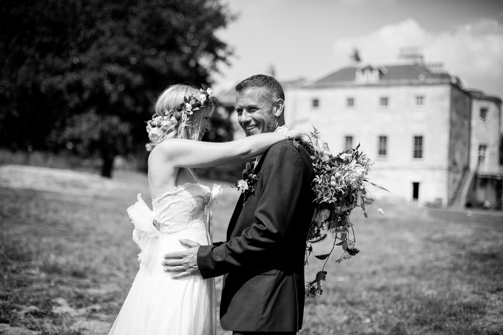 Wedding couple in black and white Bromley wedding photography image outside Beckenham Place Mansion