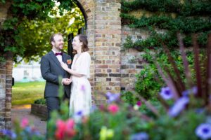 Bride and groom portrait in gardens of Beckenham Place park wedding taken by Beckenham photographer