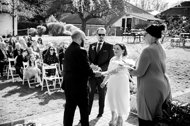 wedding ceremony at Oaks Farm Weddings in black and white