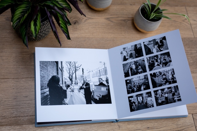 Wedding photography in Beckenham shown in Wedding album with black and white wedding images inside and plants to side of image