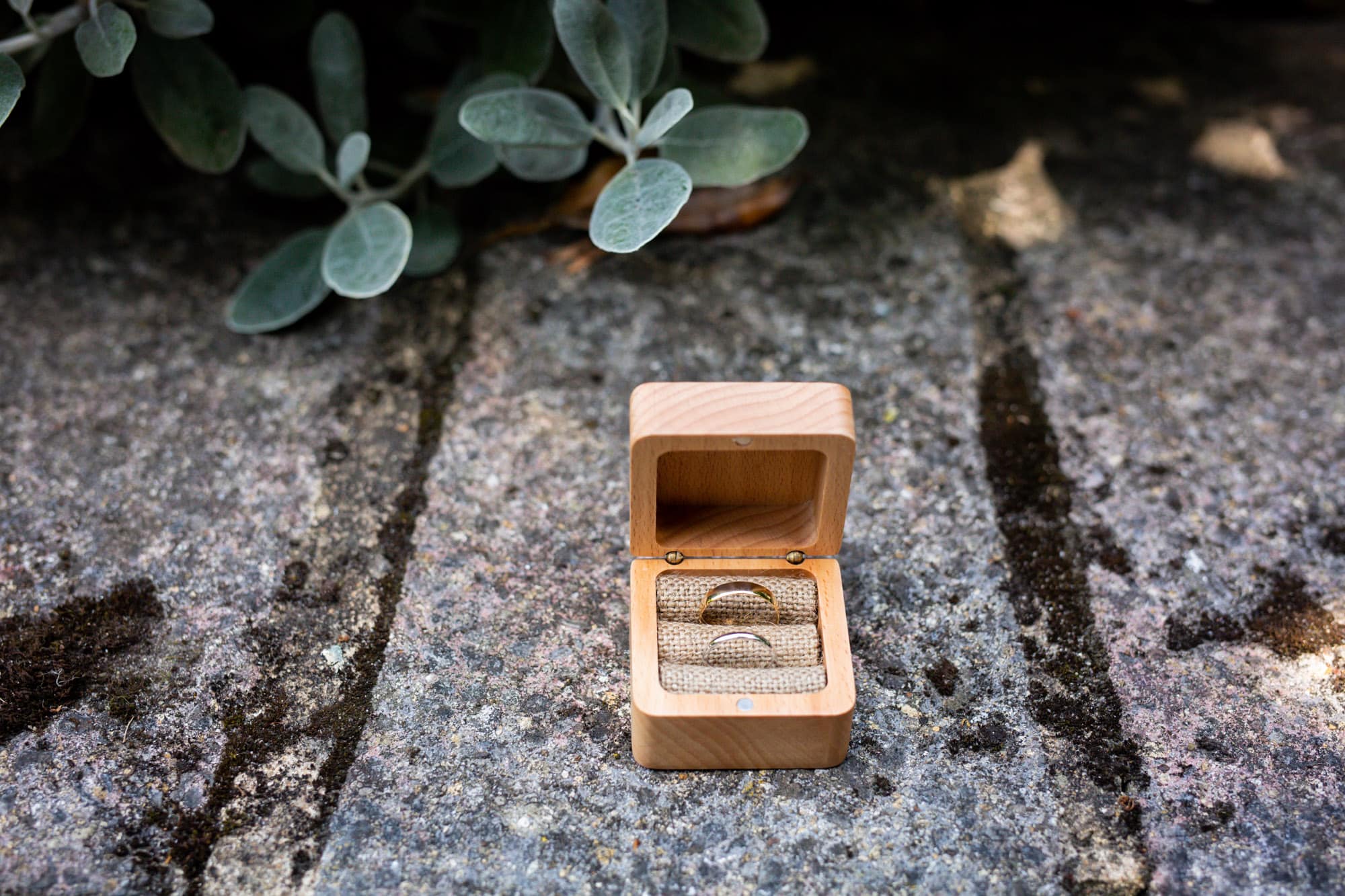 Wedding rings in wooden box in wedding photography in Bromley